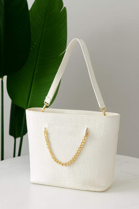 Elegant Croc-Textured Shoulder Tote Bag with Chain Detail - White