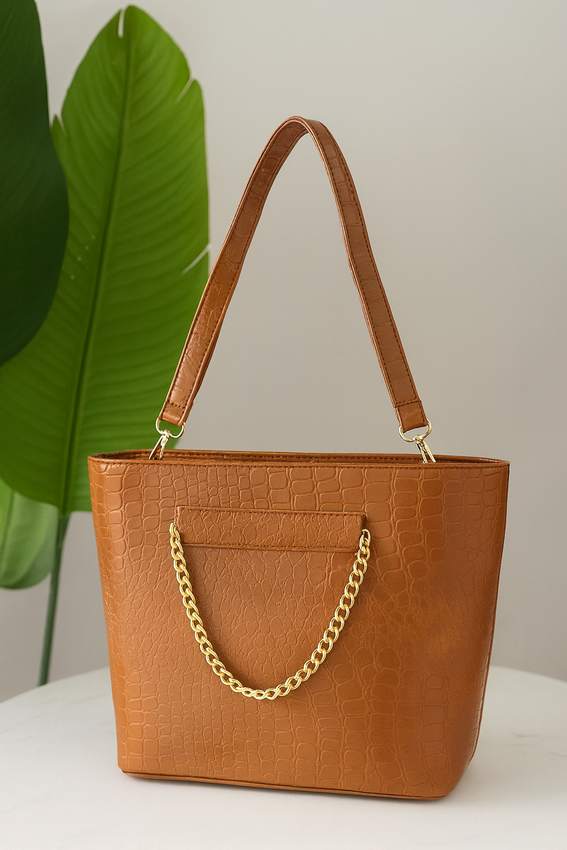 Elegant Croc-Textured Shoulder Tote Bag with Chain Detail